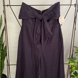 NWT Gypsies & Moondust Purple Linen Strapless Jumpsuit wide leg front bow L